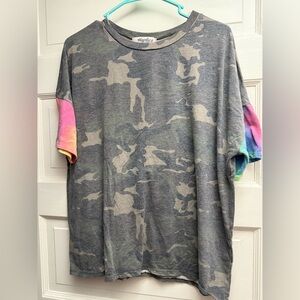 Haplicas woman’s ' Gray Camo Tee with Rainbow Sleeve Accents